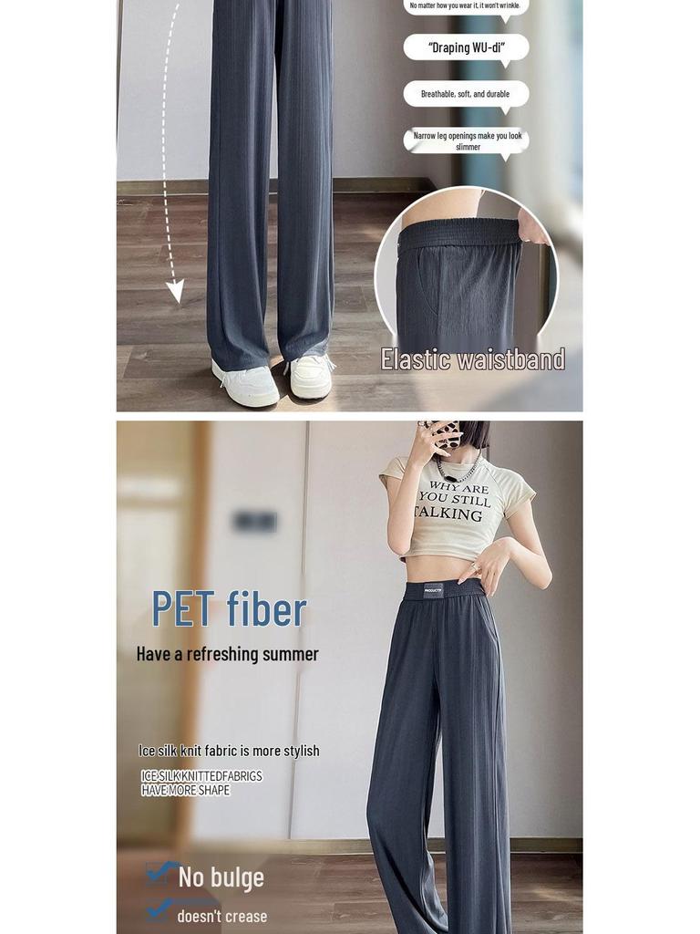 High-Waisted Summer Ice Silk Wide-Leg Pants for Women - Plus Size, Elastic Waist, Loose, Slimming, Straight-Leg Design