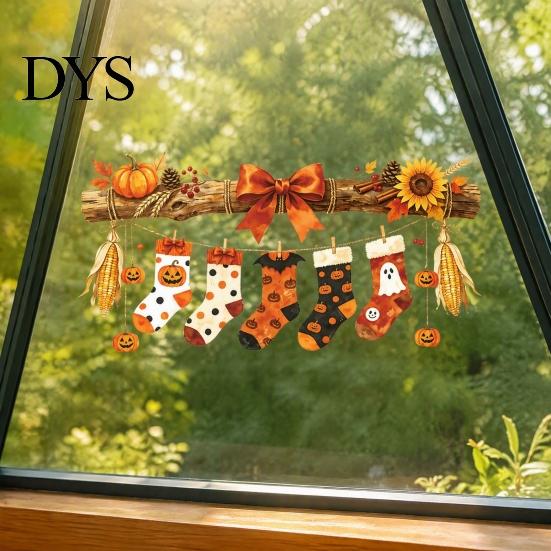 Autumn Theme Party Decor Halloween Hanging Socks Window Stickers, Decorative Branch Pumpkin Popcorn & Bow Decals for Glass Stickers Harvest