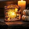 LED Halloween Scenes Vintage Glowing Wooden Tabletop Decor, Light Up 3D Scene Display Spooky Desktop Ornaments for Party, Festive Home Ornament Tiered