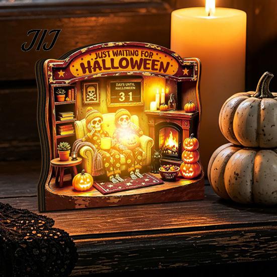 LED Halloween Scenes Vintage Glowing Wooden Tabletop Decor, Light Up 3D Scene Display Spooky Desktop Ornaments for Party, Festive Home Ornament Tiered