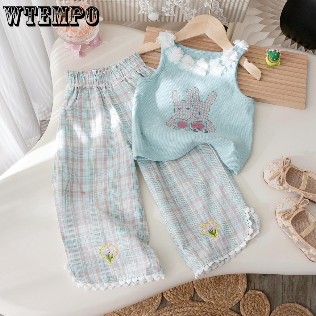 Girls' Summer Set Fashionable Lace Collar Rabbit Print Vest Checkered Embroidery Cropped Pants Two-piece Set