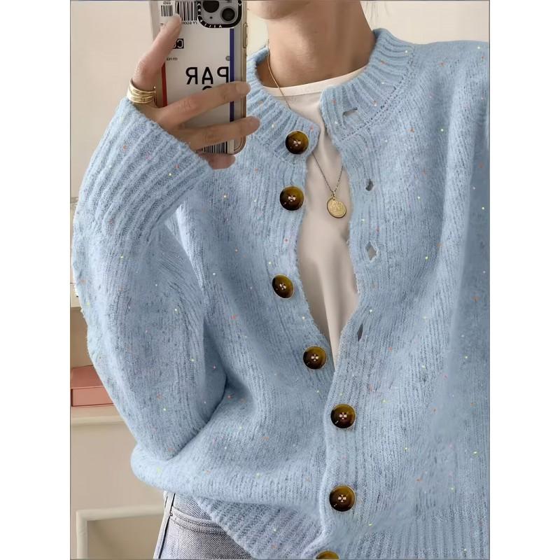 Womens Knit Cardigan Sweater Short Loose Fit Round Neck Single Button Front Fall Winter Casual Wear