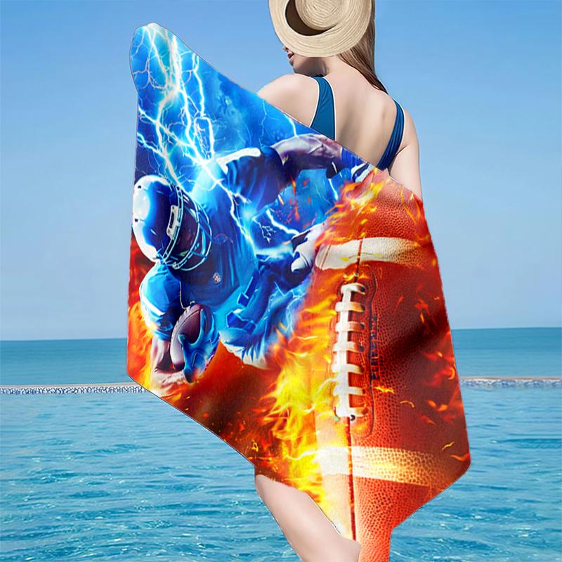Football Player In Flames Beach Towel, Super Soft Microfiber, Gift for Her/Him, Birthday, for Pool, Beach, Travel, Home Decor Fan Gifts