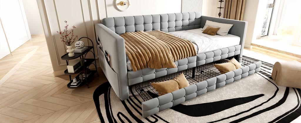 Upholstered Sofa Bed 90x190, Checkered Pattern, Storage Compartments On Sides, Two Drawers Under Bed, Guest or Single Bed, Velvet Fabric, Light Grey