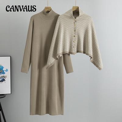 Damen Übergröße Temperament Kleid Herbst Strick Schlankheits Schal Mantel Langes Kleid Zweiteiliger Anzug