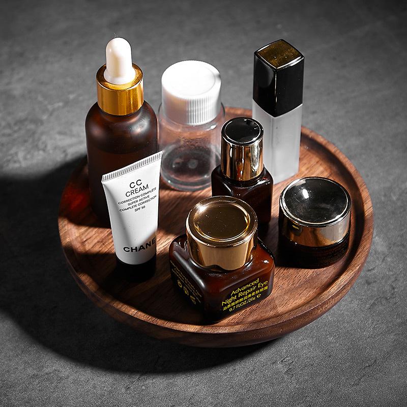 Light Luxury Creative Walnut Solid Wood Round Tray Cup Holder Storage Plate Rotating Pedestal Bathroom Cosmetics Storage Rack