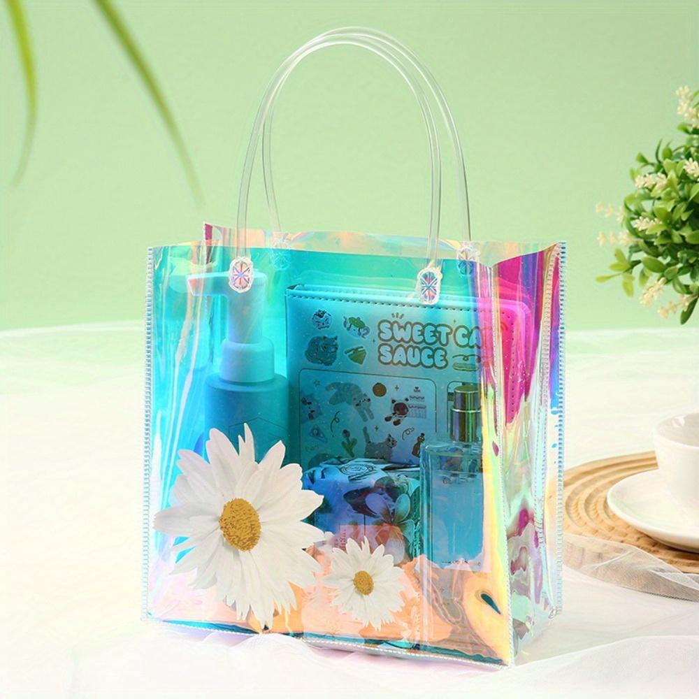 4pcs Holographic Clear Gift Bags with Handle Party Favor Bags Plastics Shopping Bags Goodie Bag Tote Bags Rainbow Holographic Gift Bag Gift Wrap Bag