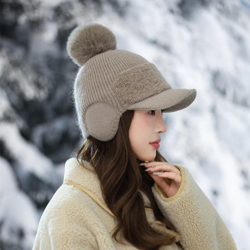 Saco de Orelha Tricotado em Lã, Chapéu Quente com Aba de Pato, Boné de Beisebol Feminino Plush Forrado à Prova de Vento para Outono e Inverno