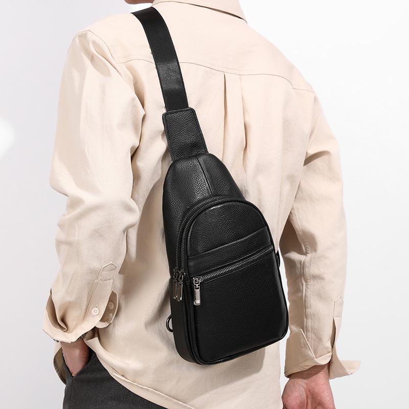 Genuine Leather Single-shoulder Bag, Chest Bag, Fashionable Solid Color Cowhide Crossbody Bag, Casual Chest Bag, Men's Bag