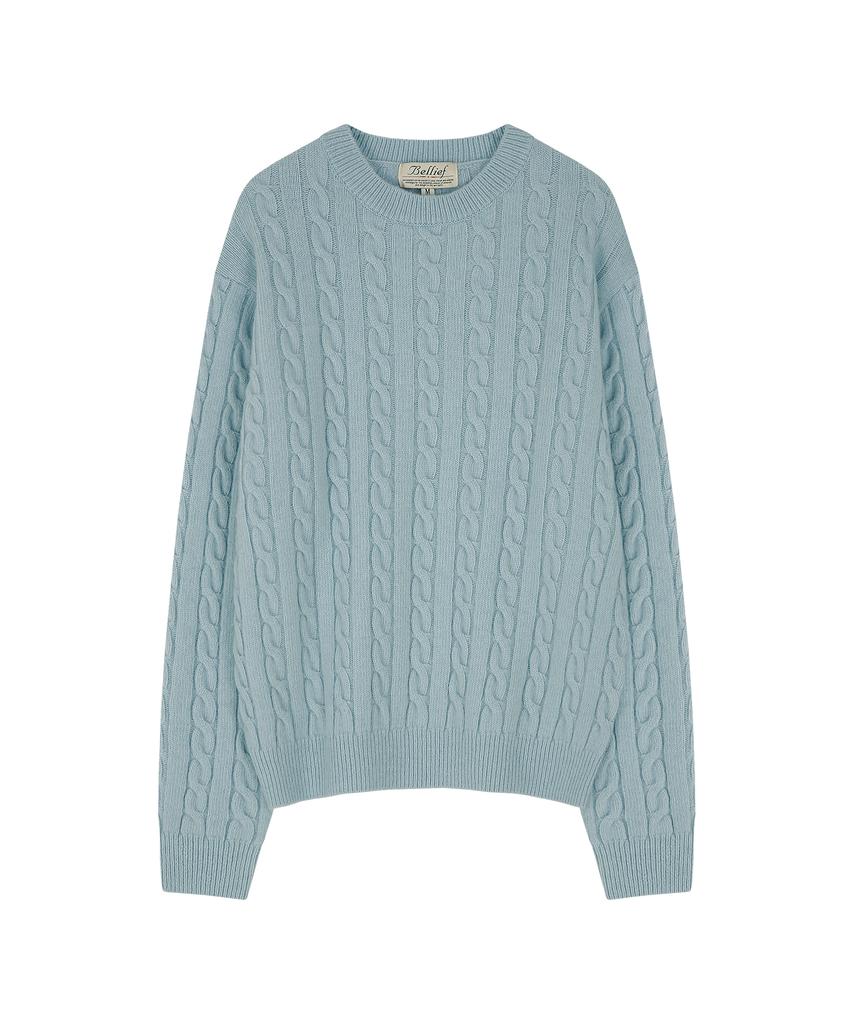 BELLIEF Lamswool Brushed Cable Crew Neck Sweater (Aqua Blue)