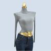Fall and Winter Six Wool Short Crop Top Sunken Stripe Silm Soft Glutinous High Elastic Half High Collar Long Sleeves Inner Match Slimming Tops