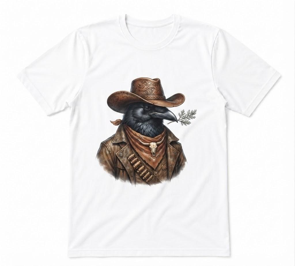 Cowboy Crow Western Raven Graphic Gothic Bird Apparel White T-shirt