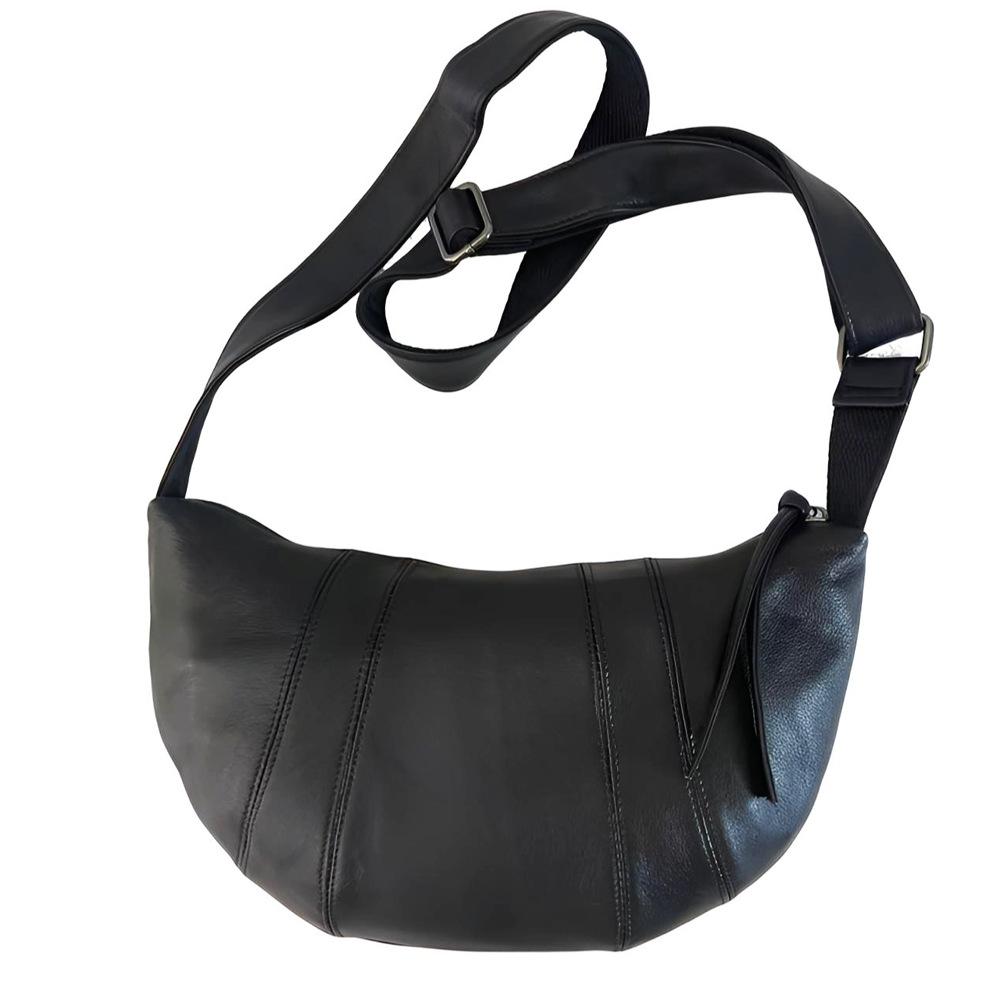 Wind Casual Leather Women'S Bag Croissant Bag Black Cowhide Splicing Shoulder Messenger Women'S Bag Retro Bag