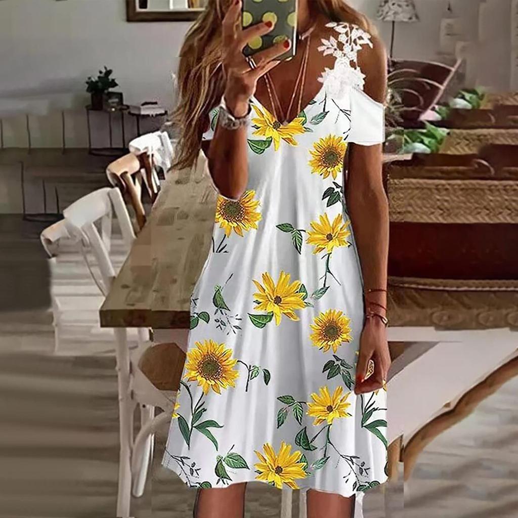 Women's Printed V-Neck Strapless Short Sleeve Spliced Lace Dress