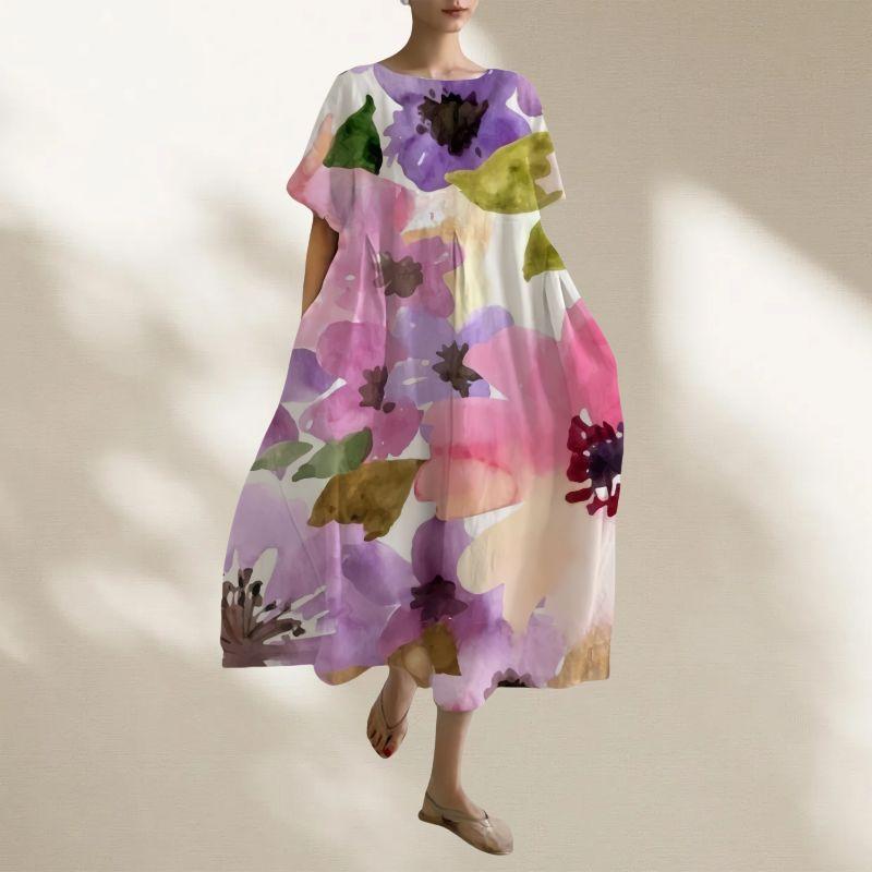 

European and American Plus size women clothing Chubby Girl Summer New round Neck Floral Loose Slimming Short sleeve Dress Dress Pink and purple big flower Dress 3XL