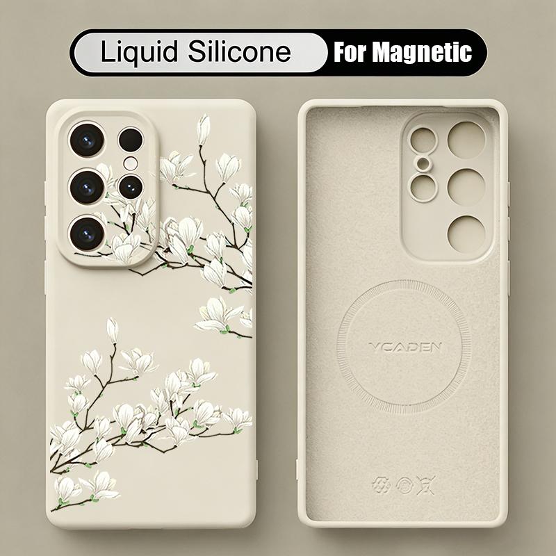 White Flowers Print Case For Samsung Galaxy S26 S25 Ultra S24 Plus S23 S22 Ultra Magnetic For Magsafe Liquid Silicone Cover