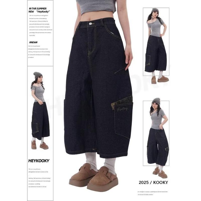 Vintage Leopard Print Splicing Pocket Scimitar Jeans Men's and Women's Trend Hip-hop Loose Wide-leg Tooling Cropped Pants