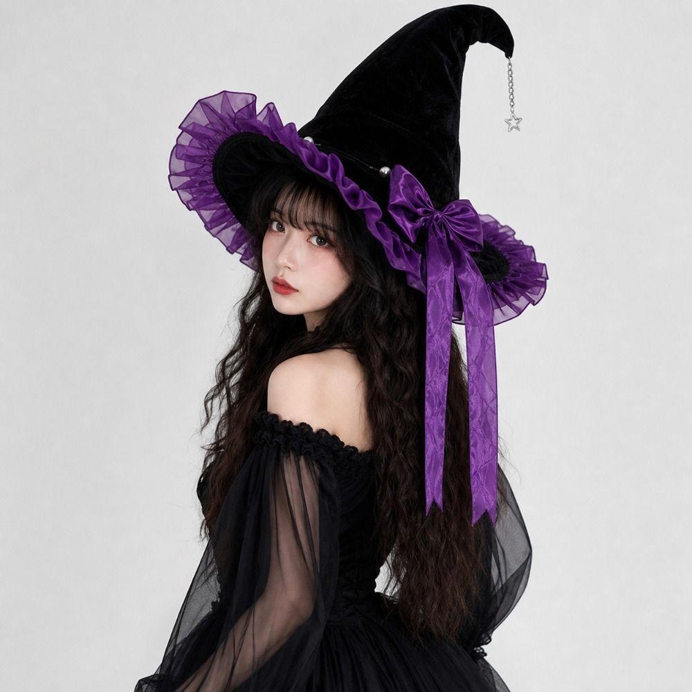 Lace Lolita Witch Hat Star Pendant Cosplay Accessories Party Props Masquerade Cap  Women's Costume