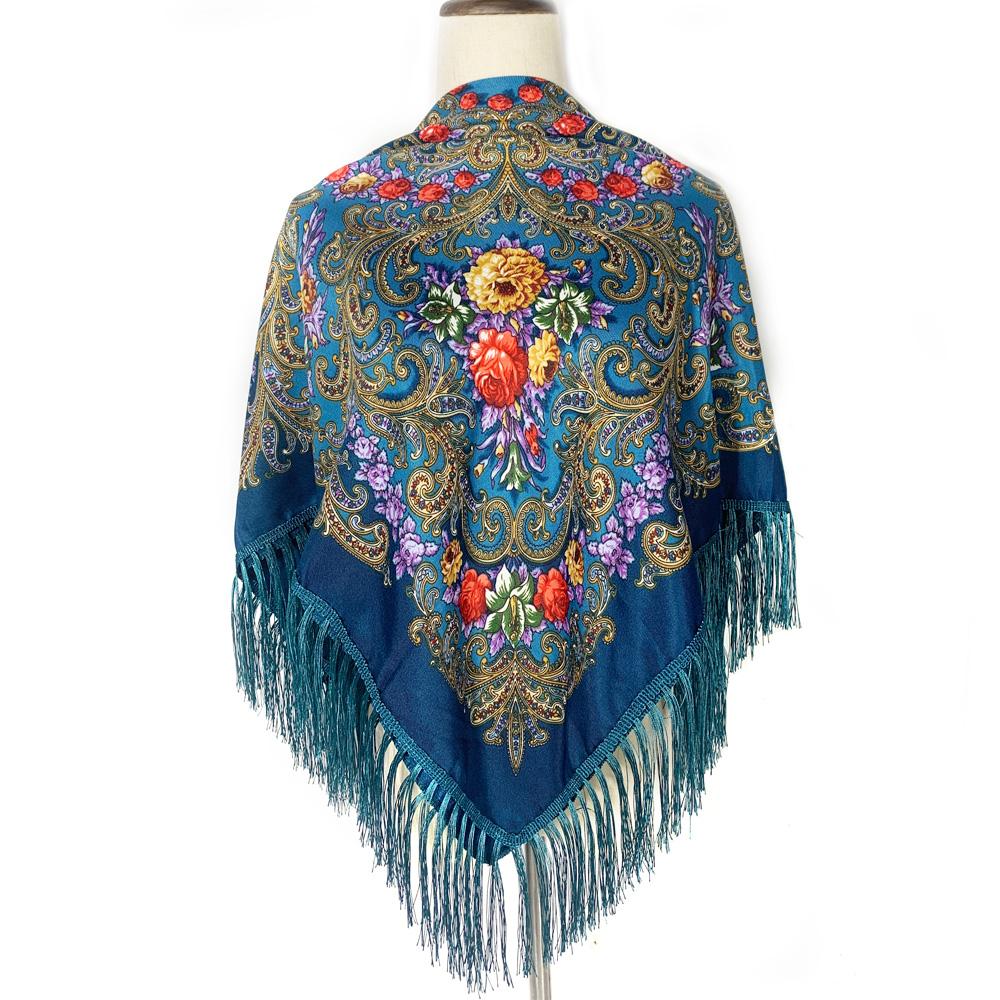 Retro Style Ukrainian Fringed Shawl Russian Floral Print Square Scarf Babushka Bandana Handkerchief Female Head Wraps