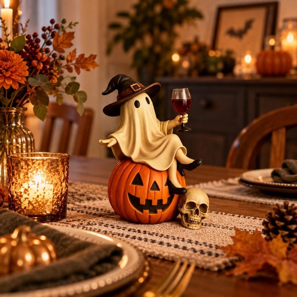 Holding a Wine Glass Halloween Ghost Figurine Cartoon Tabletop Figurine Witch Statue Ghost Decor