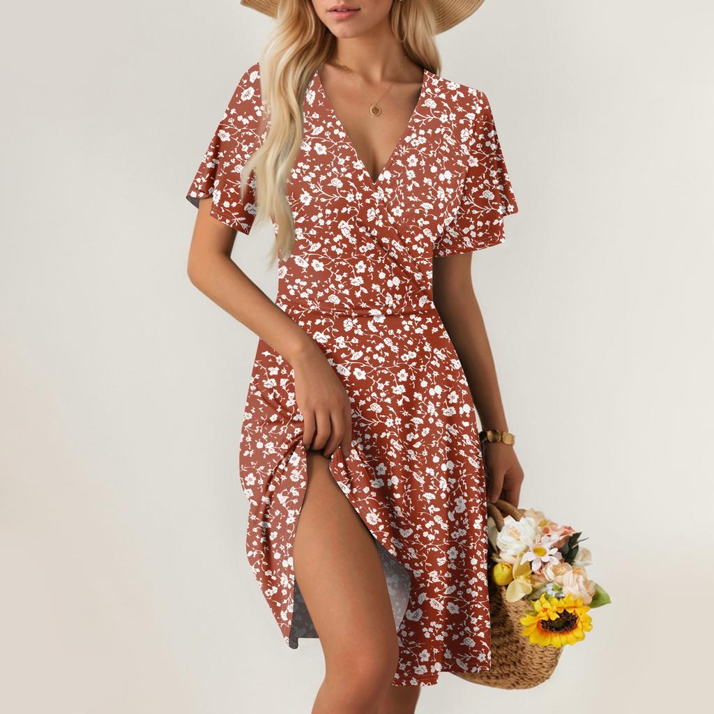 Women's Summer Dress Loose Beach Vacation Casual Deep V Neck Vest Dress Elegant Shirt Dress