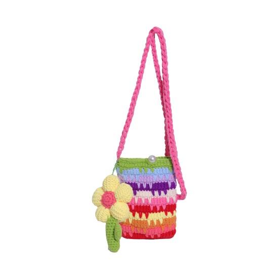 Women Crossbody Bag Colorful Crochet Cartoon Flower Pendant with Faux Pearl Lock Design