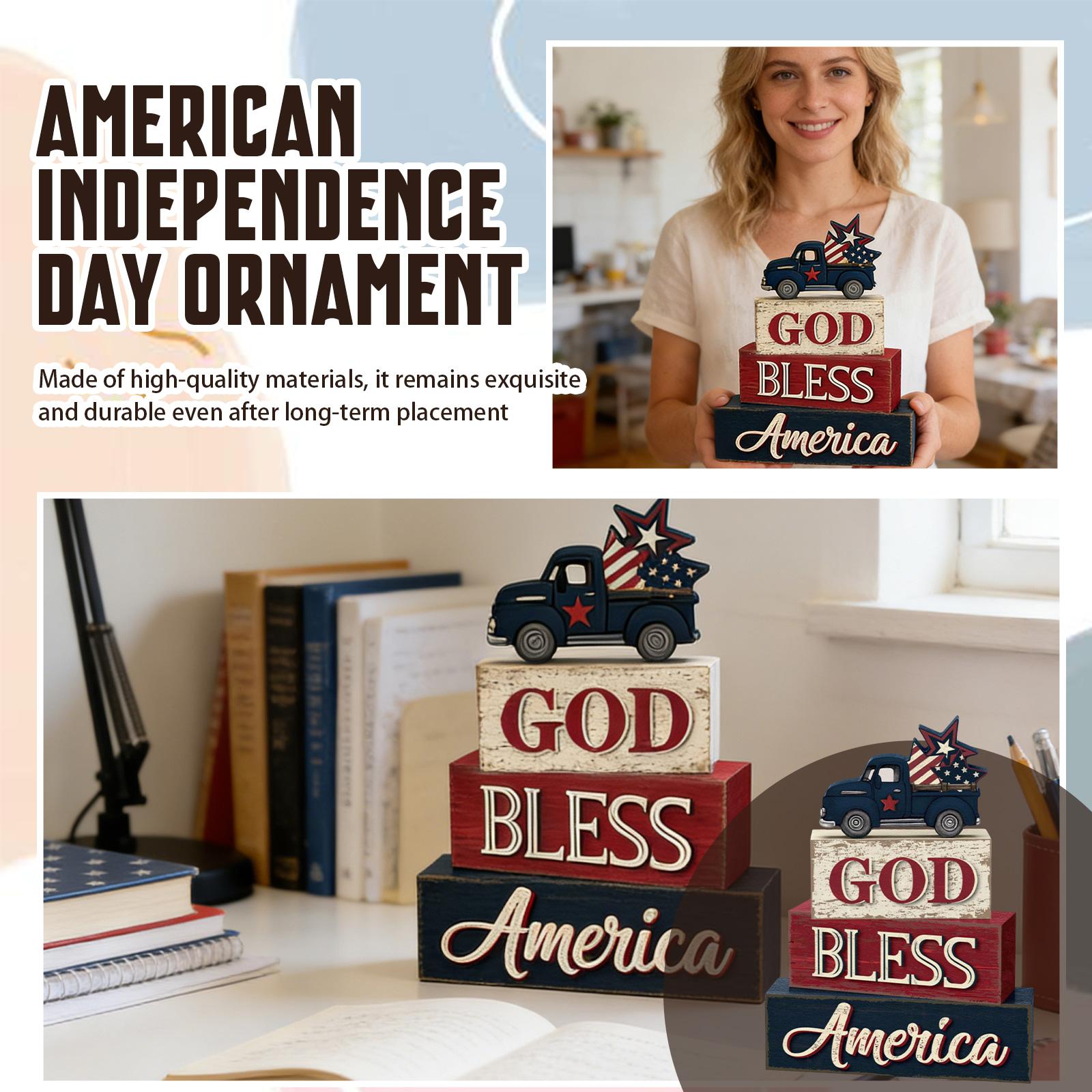 

Wooden Decorative Block Sign with Vintage Truck and Star Print Freestanding Patriotic Tabletop Ornament for Home Office One Size