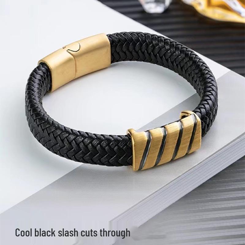 Gold Plated Black Retro Leather Rope Bracelet Gift for Boyfriend