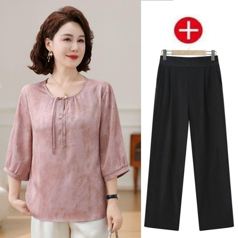 Mother's Day Mid-Sleeve Casual Summer Top & Wide-Leg Pants Set for Middle-Aged Women