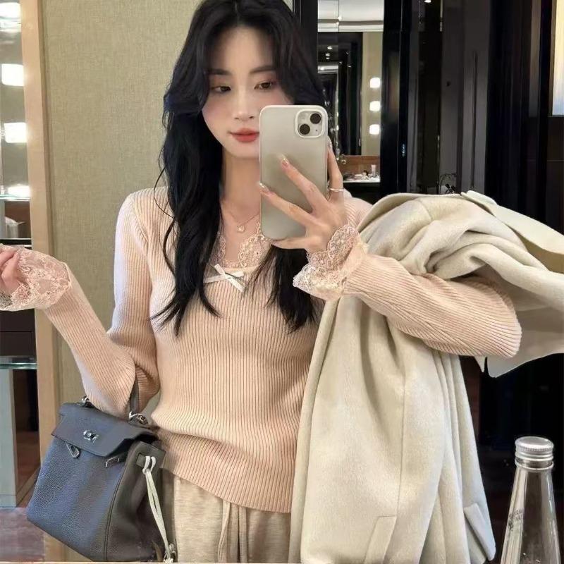 Aprikosenfarbenes Spitzenlangarmshirt für Damen-Herbstbekleidung, kann außen getragen werden, schlank und dünn, reines Wunsch-Unterhemd, gestrickter Pullover