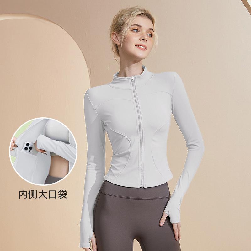 Yoga clothes women's tight tshirt sports long sleeves running training pilates standup neck zipper fitness clothes jacket spring