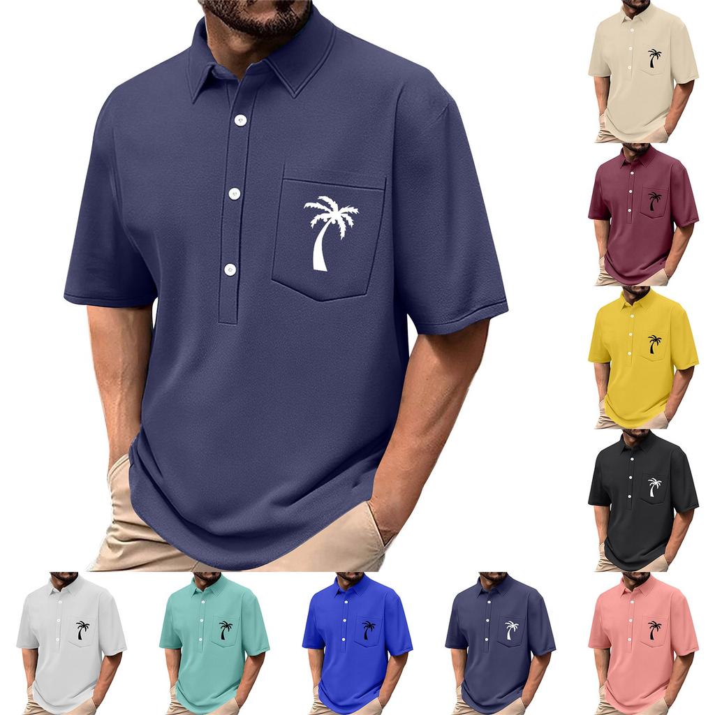 Men's Summer Solid Color Print Four-sided Stretch Lapel Button Pocket Shirt Casual Sports Short-sleeved Top