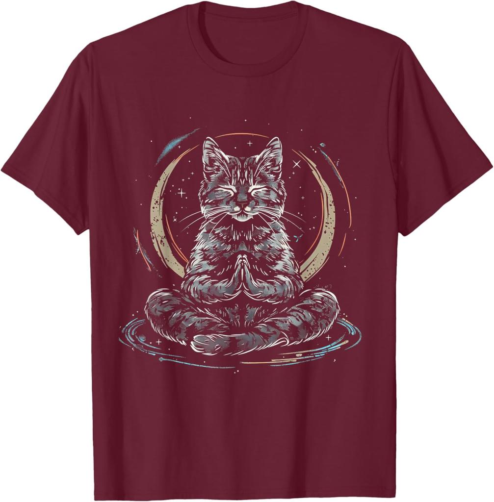 Cosmic Meditation Cat Spiritual Yoga Zen Buddha Graphic Tee Men's Casual Cotton T-Shirt