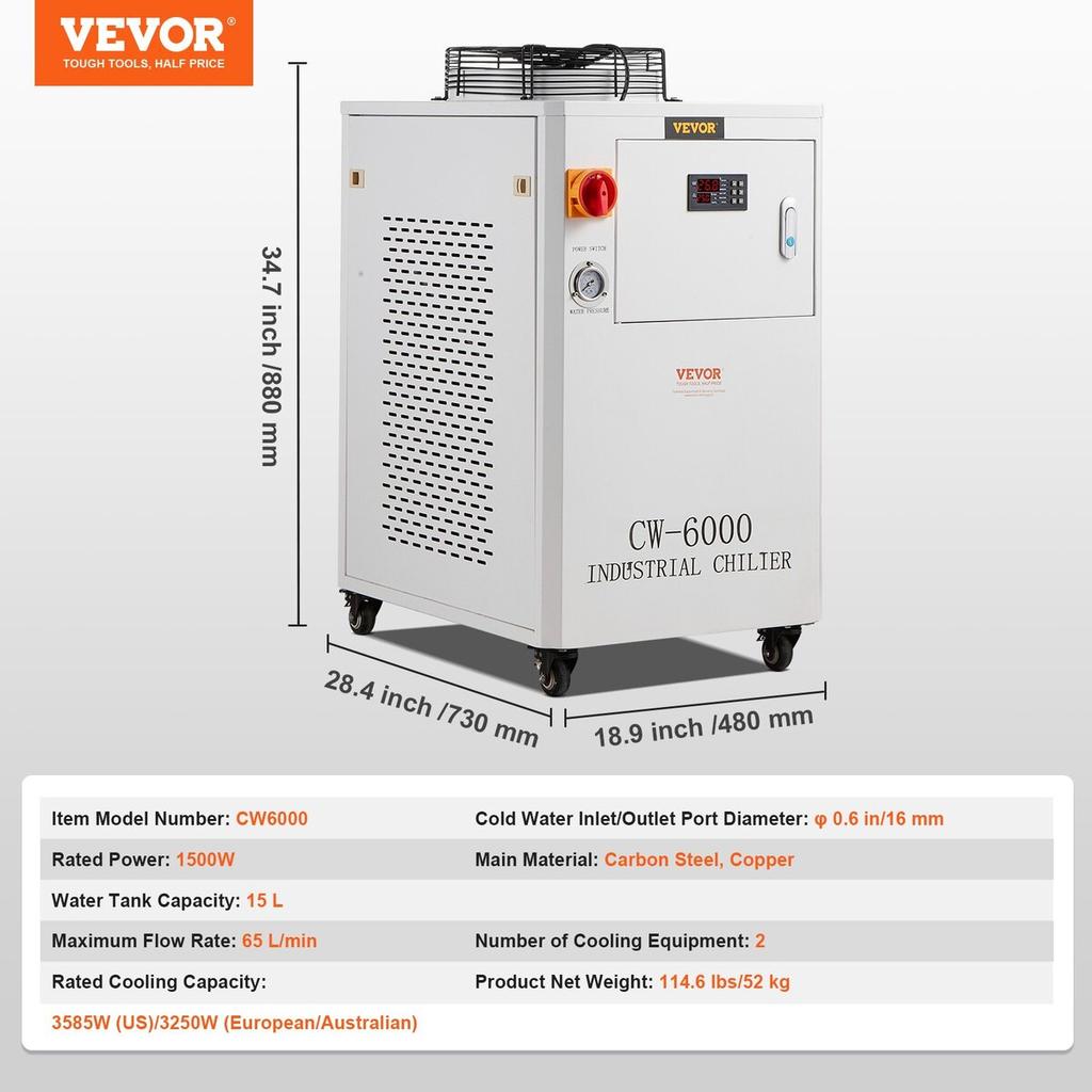 Industrial Water Chiller CW6000, 1500W Water Chiller Cooling System with Compressor, 15L Water Tank Capacity, 65L/min Max Flow Rate, for CO2 Laser