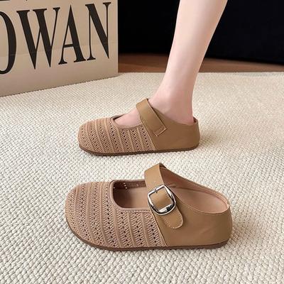 Woven Hollow Bag Head Half Slippers Women's Outer Wear 2025 New Summer with Skirt Mori Versatile Casual Cool Slippers