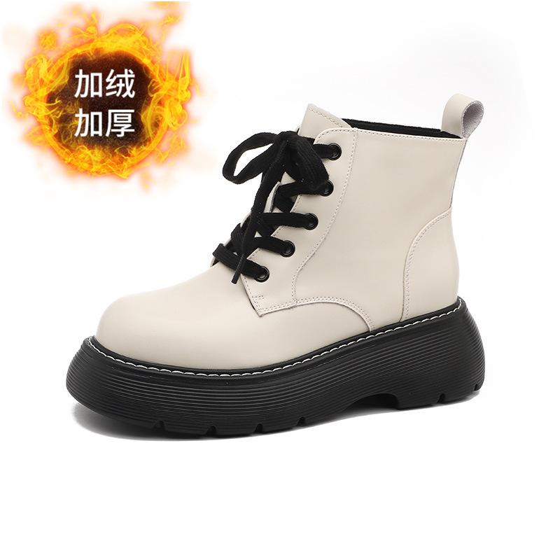 Cigarette boots women's autumn and winter new soft leather platform short boots velvet Chelsea boots British Martin boots