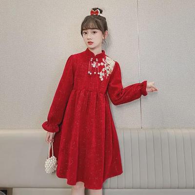 Girls' Chinese-Style Red Cheongsam: Festive Winter New Year Dress