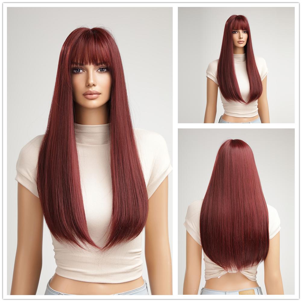 HAIRCUBE Červená rovná syntetická paruka pro ženy Dlouhá přírodní vrstvená paruka s ofinou Cosplay Party Paruka z tepelně odolných vláken