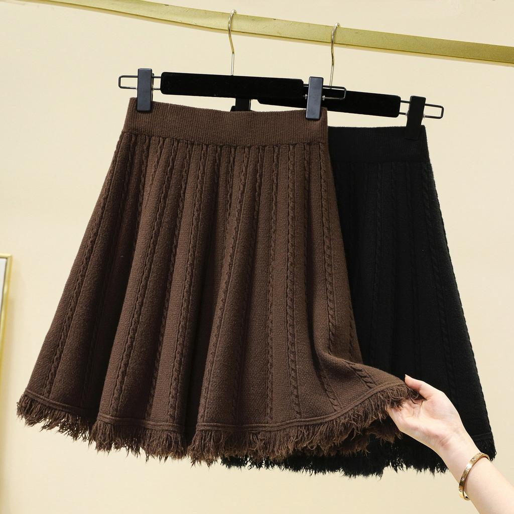 Large Size Women's Winter Fat Mm Elastic High Waist Slimming A-line Skirt Covering Belly and Age-reducing Knitted Half-body Skirt