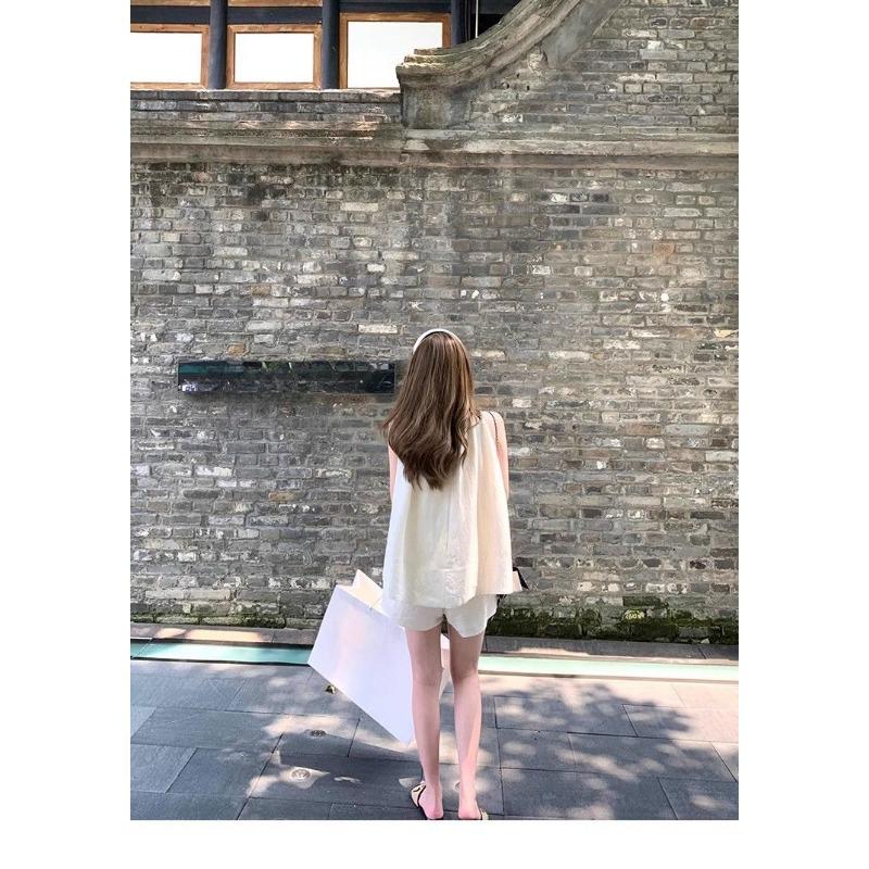 Summer Casual Sleeveless Off Shoulder Tie Front Crop Top and Shorts Two Piece Set Cover Tummy