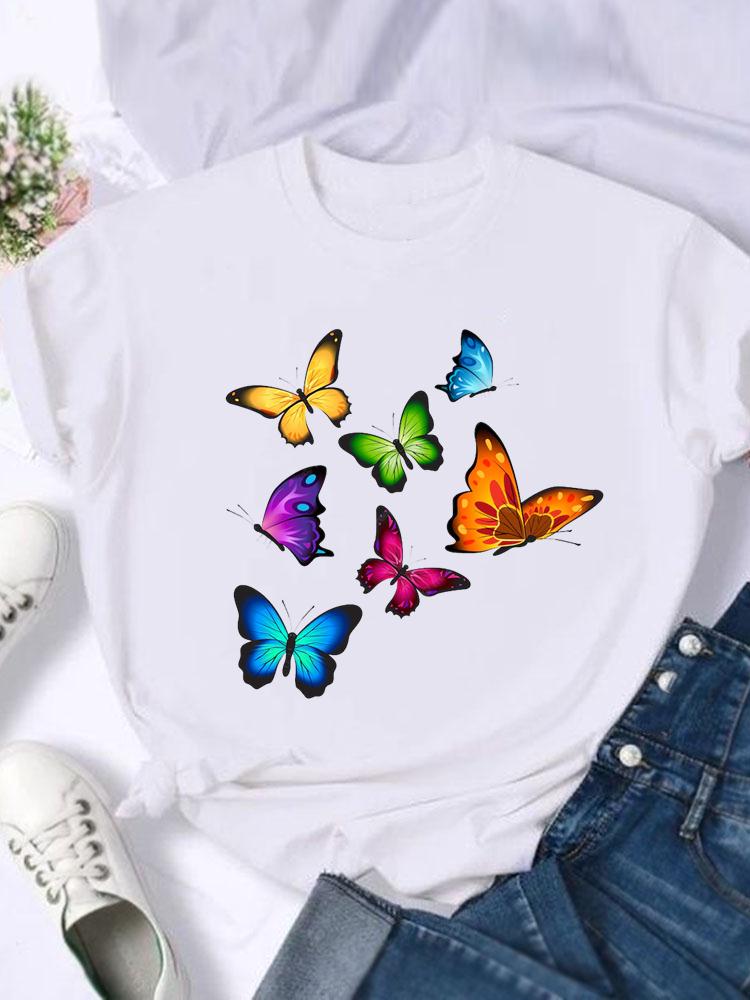 Kortärmade T-shirts Dam T-shirt Tryck Sommar Tecknad Fjäril Trend Söt Skjorta Dam Grafisk T Topp T-shirt Mode Kläder