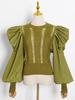 Women's Retro Court Knitwear Top - Autumn 2026, Patchwork Round Neck, Hollow Out, Long Sleeve, Waist-Cinched Sweater