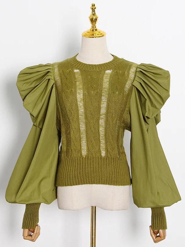 Women's Retro Court Knitwear Top - Autumn 2026, Patchwork Round Neck, Hollow Out, Long Sleeve, Waist-Cinched Sweater