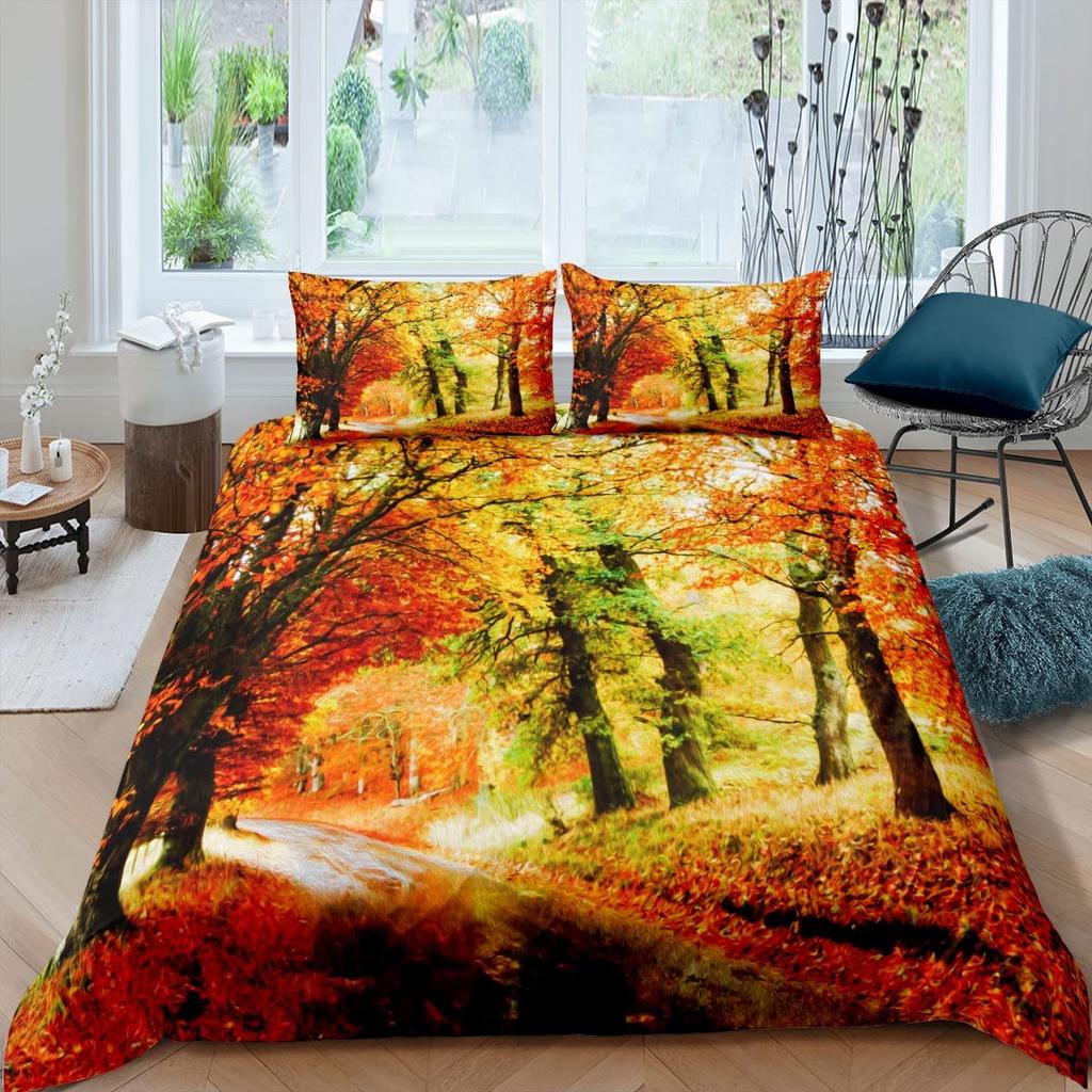 Comforter Autumn Fallen Leaves Red Maple Leaf Nature Bedding Set Sunshine Tree Woods Natural King