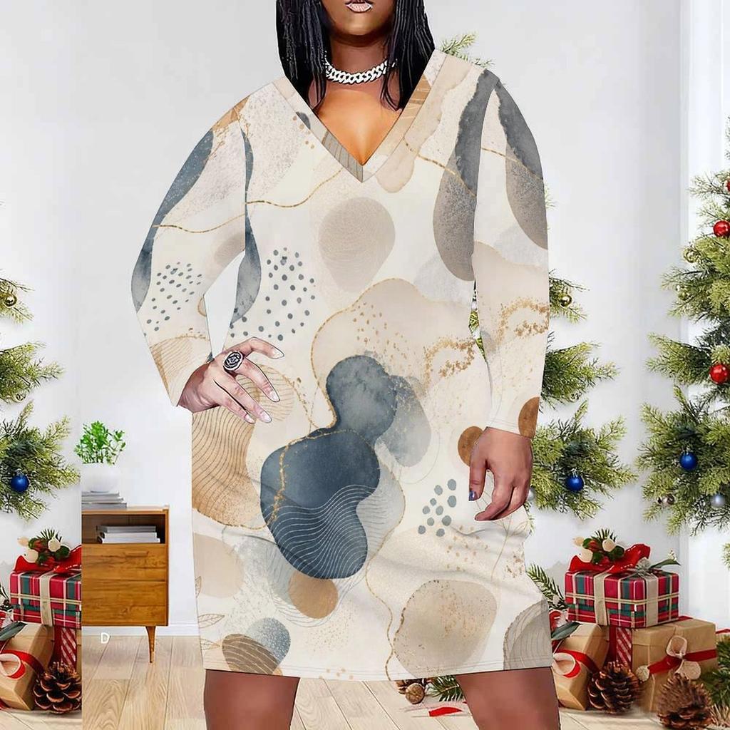 Women Plus Size V Neck Long Sleeve Abstract Printed Fitted Straight Dress
