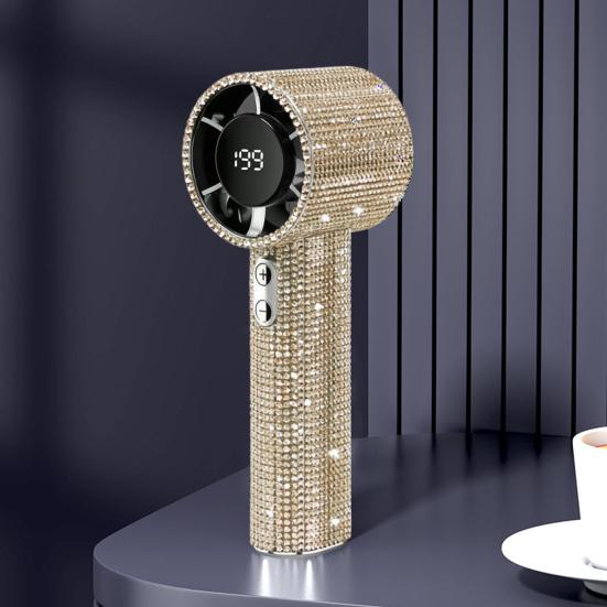 Rhinestone Handheld Fan with Digital Display Turbo High Speed Portable Mini Fan Quiet