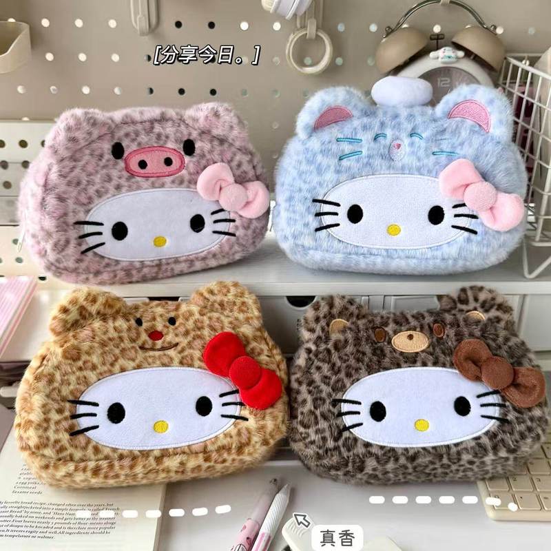 Hello Kitty Plush Pencil Case New Leopard Print Japanese Style Large Capacity Aesthetic Stationery Pouch For Adult Daily Use
