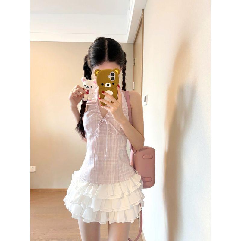 Kumikumi Gyaru Style Pink Stripe Lace-up Temperament Halter Top Women Summer Waist Hugging Slimming Sexy Top
