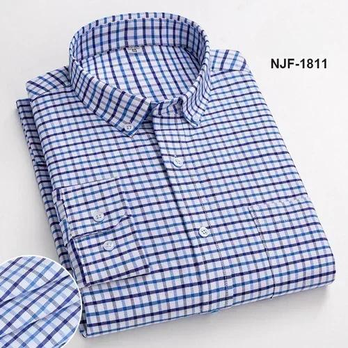 Spring and Autumn Men's Pure Cotton Long Sleeved Shirts for Middle and Youth Leisure All Cotton Oxford Plaid Plus Size Shirts