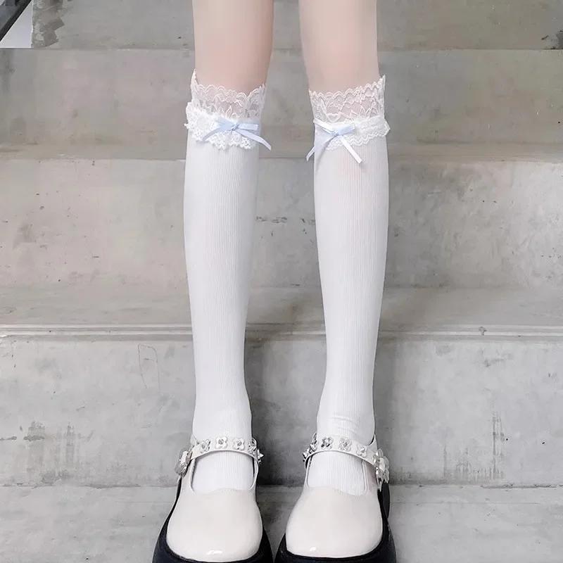 2 Pairs Women Lolita Lace-edge Bow Velvet Stockings Mid Leg Socks Thin Breathable Soft Cute College Style Kawaii Calf Socks